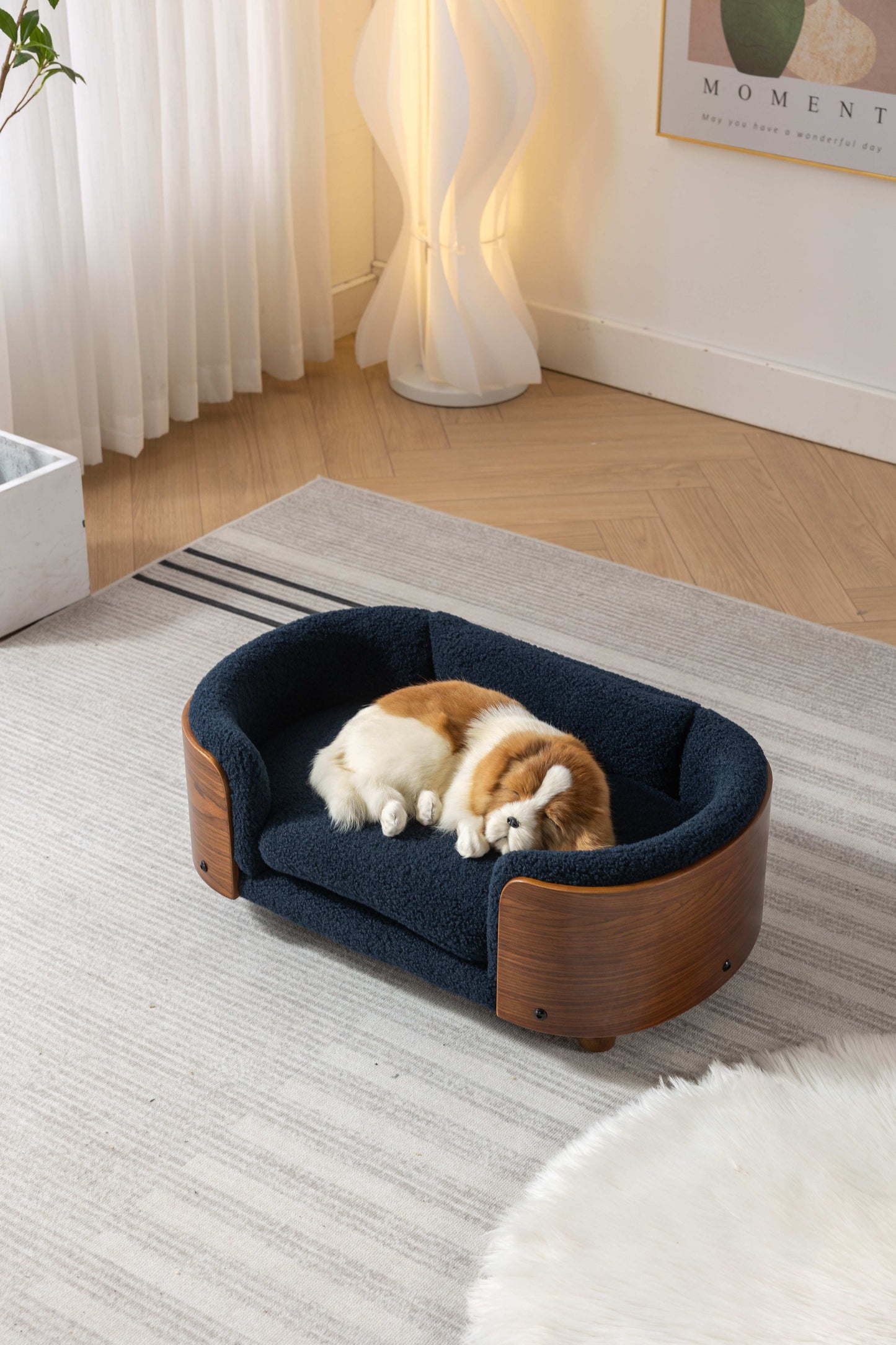 Scandinavian Style Elevated Dog Bed Pet Sofa With Solid Wood Legs And Walnut Bent Wood Back, Cashmere Cushion, Small Size - Dark Blue