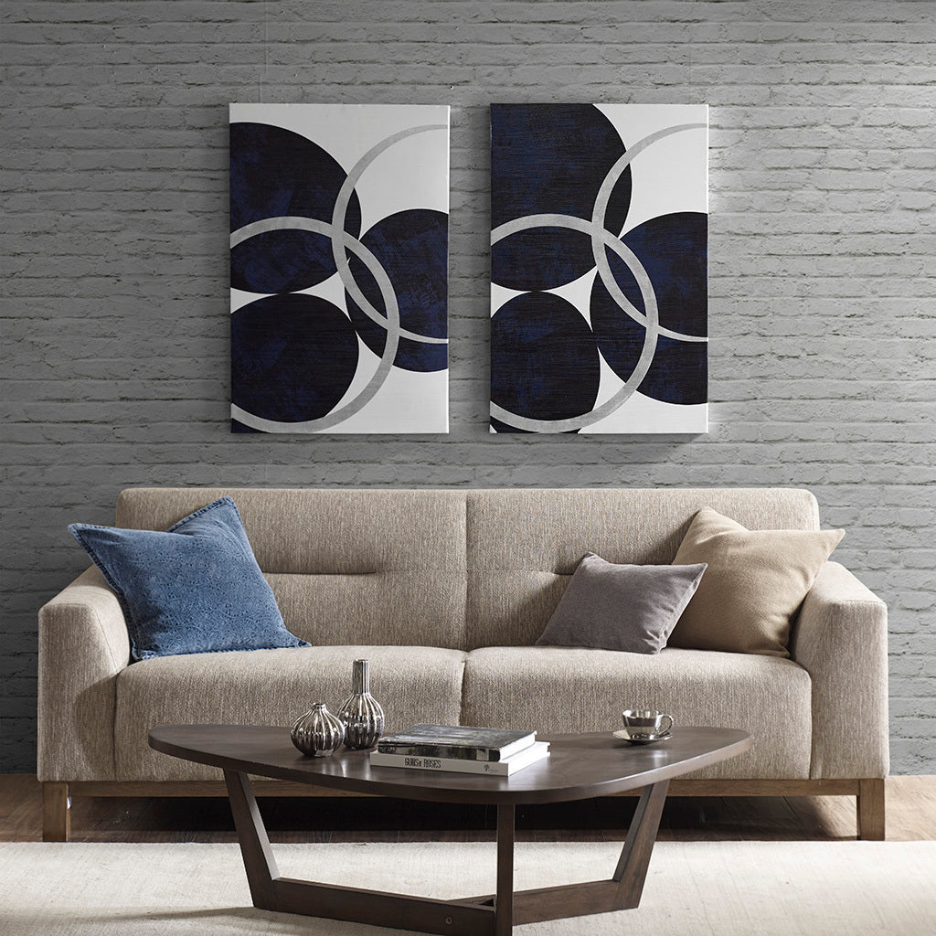 Celestial Orbit Navy Silver Foil Abstract 2-piece Canvas Wall Art Set