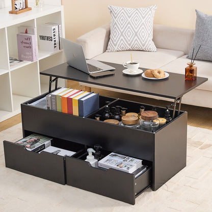 Lift-Top Coffee Table With Storage Center Tables Hidden Compartment & 2 Drawers, Sofa Table For Living Room - Black