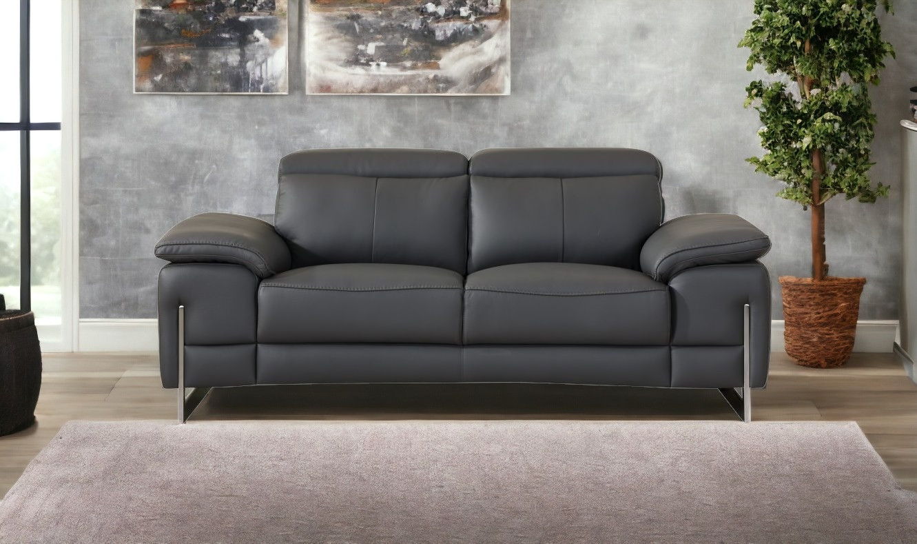 Genuine Leather Love Seat - Gray / Silver