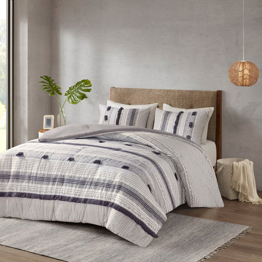 3 Piece Cotton Comforter Set - Navy / Gray