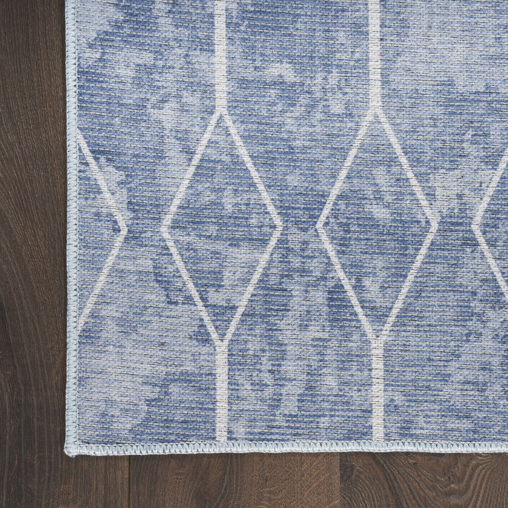 10' Geometric Power Loom Washable Runner Rug - Blue And Off White