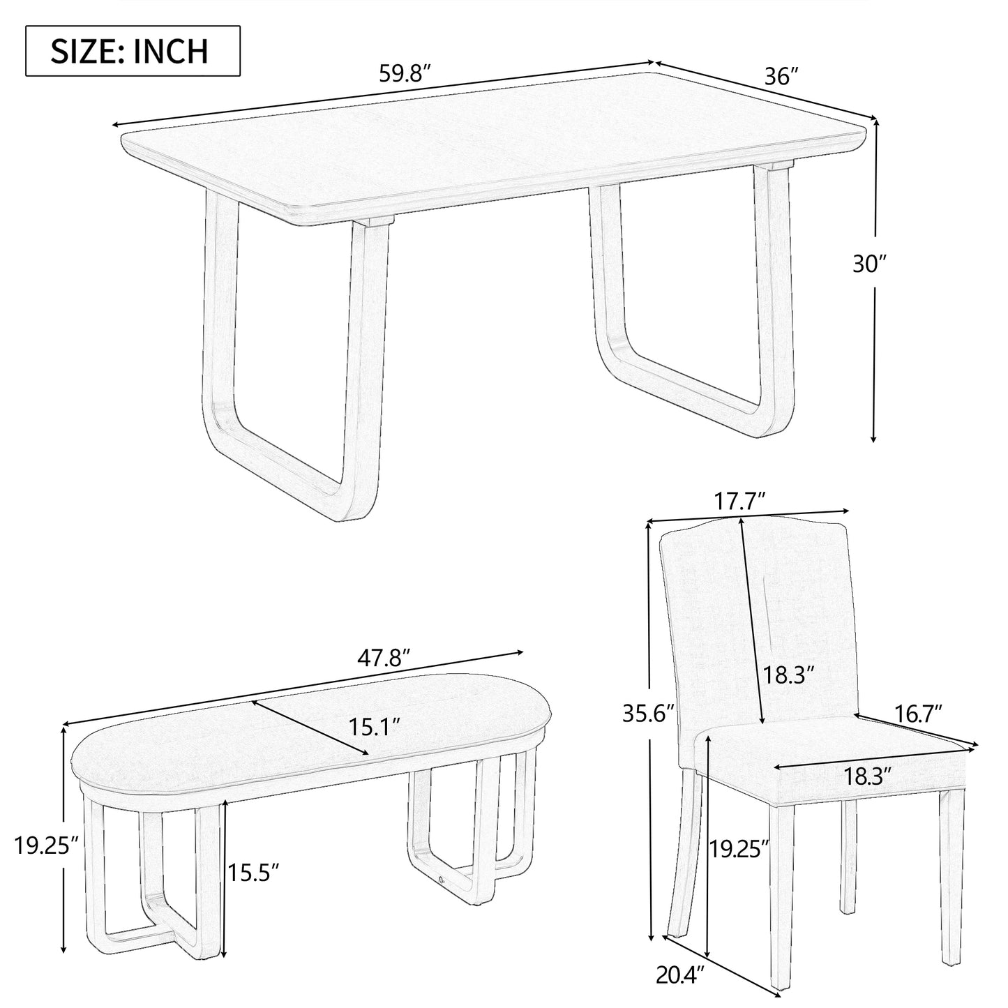 TREXM 6-Piece Retro-Style Dining Set Includes Dining Table, 4 Upholstered Chairs & Bench with Foam-covered Seat Backs&Cushions for Dining Room (Light Khaki+Beige)