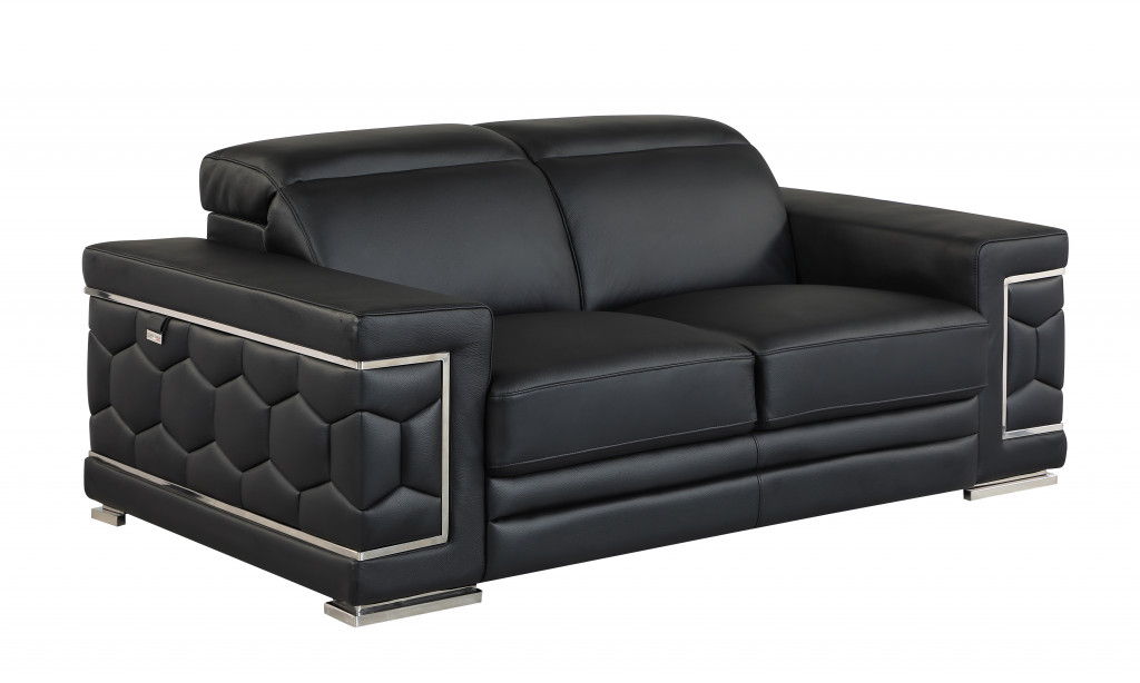 Genuine Leather Love Seat - Black / Silver