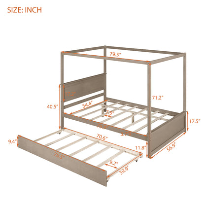 Wood Canopy Bed with Trundle Bed ,Full Size Canopy Platform bed With  Support Slats .No Box Spring Needed, Brushed  Light Brown