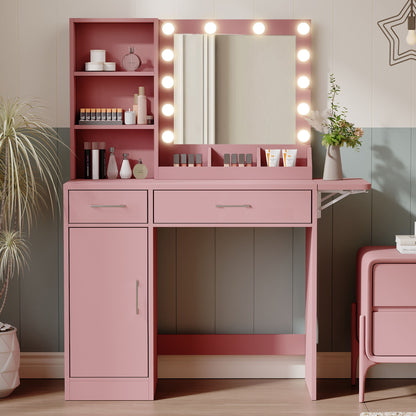 Vanity Desk With Drawers & Mirror With Lights, With Drawers & Cabinet 3 Shelves Lots Storage For Stylish Bedroom