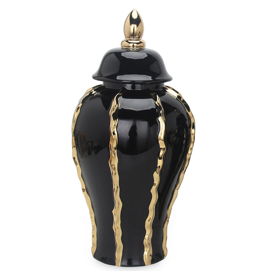 Elegant Black Ceramic Ginger Jar Vase With Gold Accents And Removable Lid - Timeless Home Decor