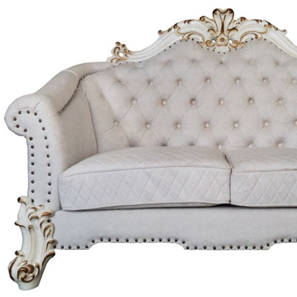 Two Tone Velvet Loveseat And Toss Pillows - Ivory / Pearl