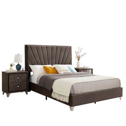 B108 Queen bed with one nightstand, Beautiful line stripe cushion headboard , strong wooden slats + metal legs with Electroplate