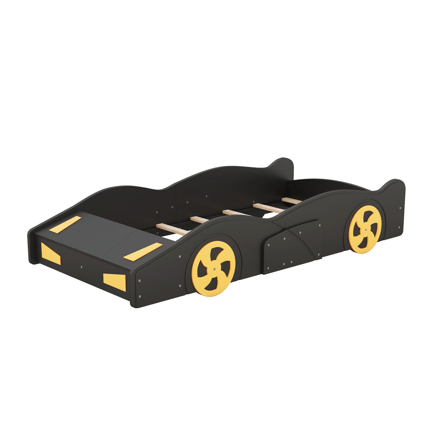 Twin Size Race Car-Shaped Platform Bed with Wheels and Storage, Black+Yellow