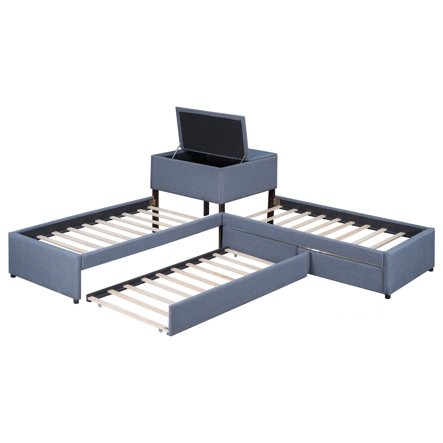 L-shaped Upholstered Platform Bed with Trundle and Two Drawers Linked with built-in Desk,Twin,Gray