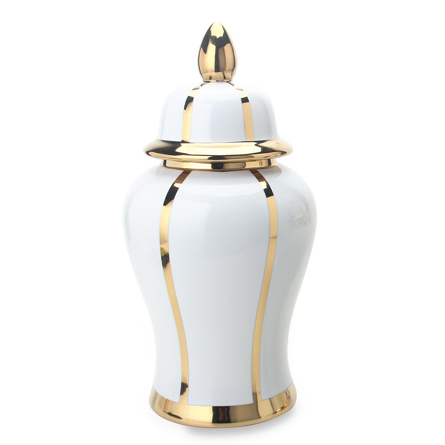 Linear Gilded Ginger Jar With Removable Lid - White