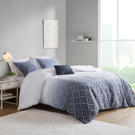 Ombre Printed Clipped Jacquard Comforter Set - Navy