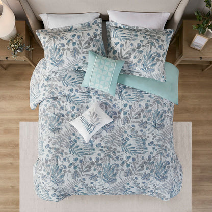 5 Piece Seersucker Comforter Set With Throw Pillows - Blue