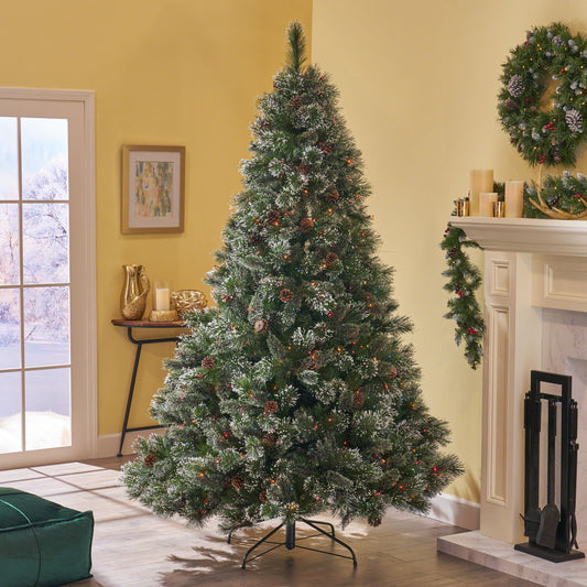 9' Cashmere And Snow Bristle Mixed Tree With 105 Pine Cones And 1200Multi Lights - Ul, 2317Tips, Dia:69