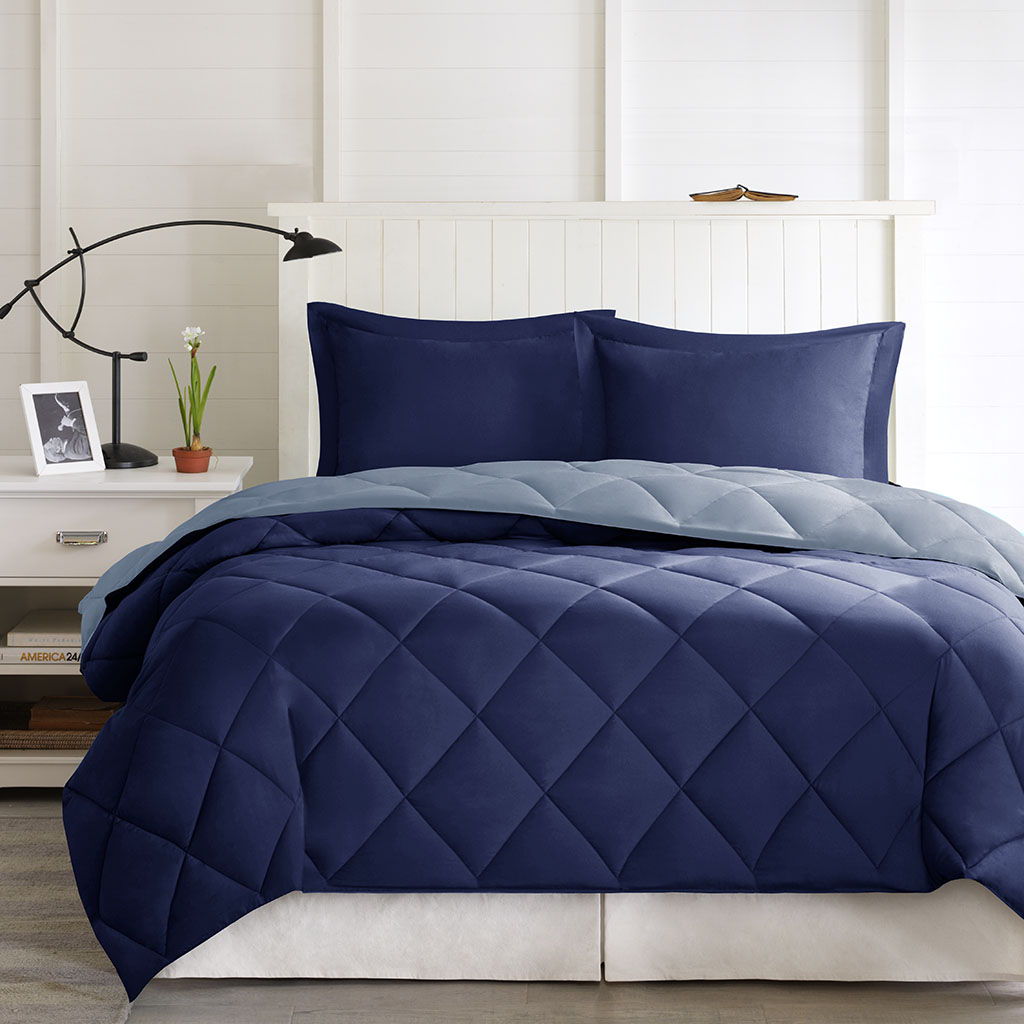 Twin Long Larkspur 3M Scotchgard Diamond Quilting Reversible Down Alternative Comforter Set - Blue