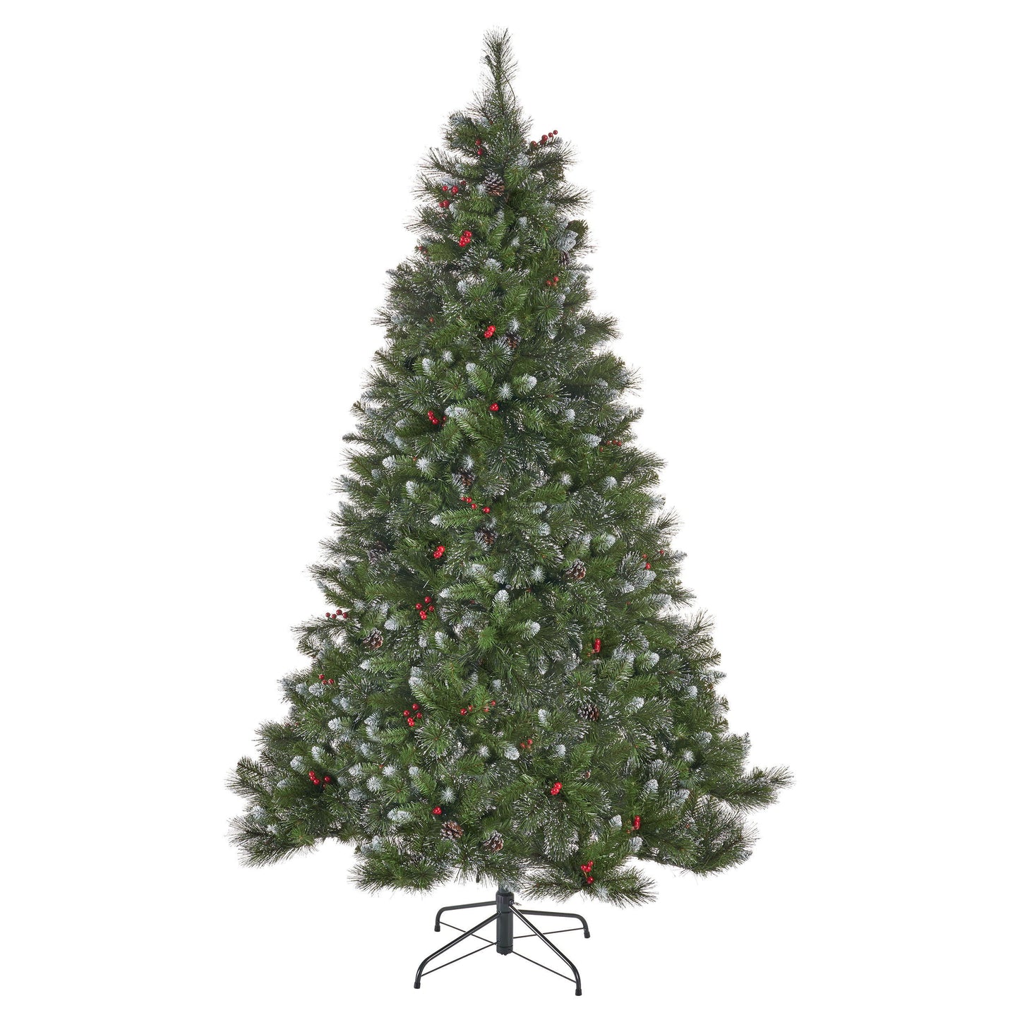 7.5' Glitter Bristle Mixed Hinged Tree With 46Red Berry And Pine Cones And 550Cl, 1365 Tips