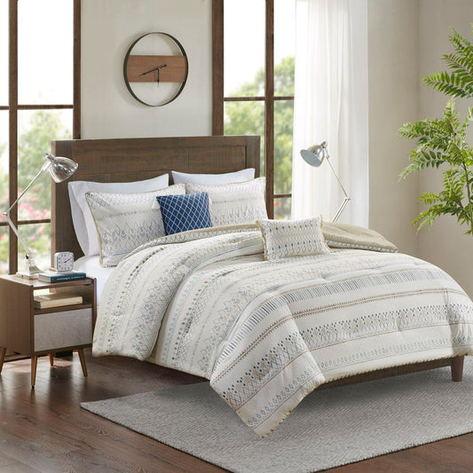 5 Piece Printed Seersucker Comforter Set With Throw Pillows - Taupe / Blue