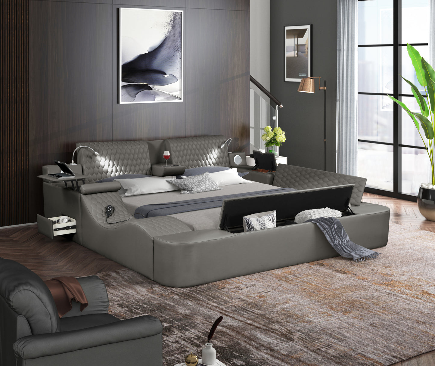 Zoya Smart Multifunctional King Size Bed Made with Wood in Gray