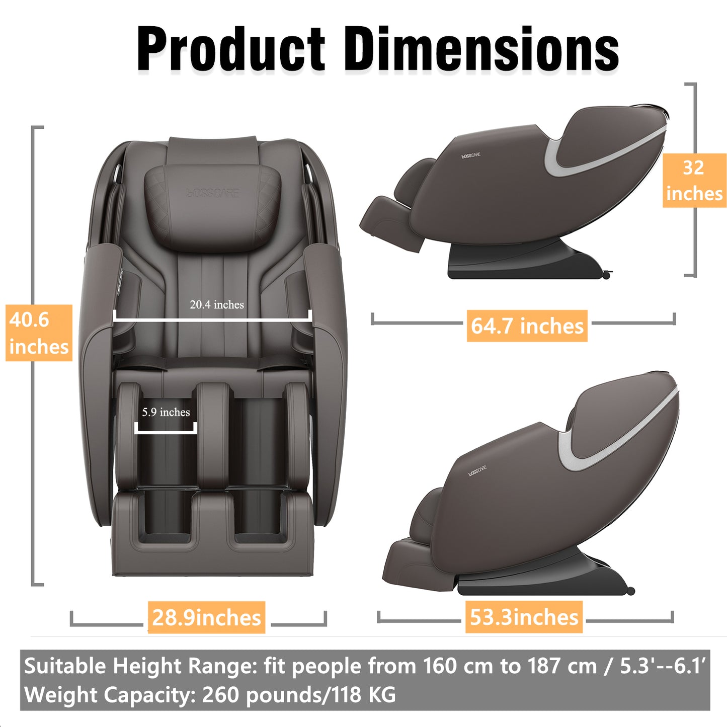 BOSSCARE Massage Chair Recliner with Zero Gravity Airbag Massage Bluetooth Speaker Foot Roller Black