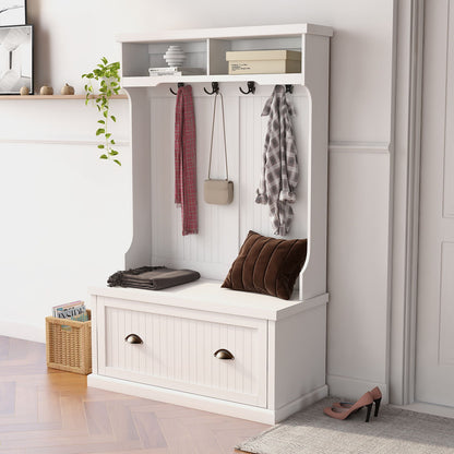 Entryway Hall Tree With Coat Rack 4 Hooks And Storage Bench Shoe Cabinet - White