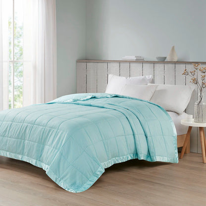 Oversized Down Alternative Blanket With Satin Trim - Aqua