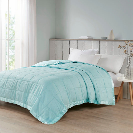 Oversized Down Alternative Blanket With Satin Trim In Aqua