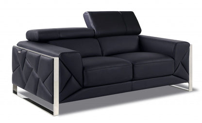 Italian Leather Loveseat - Black / Silver