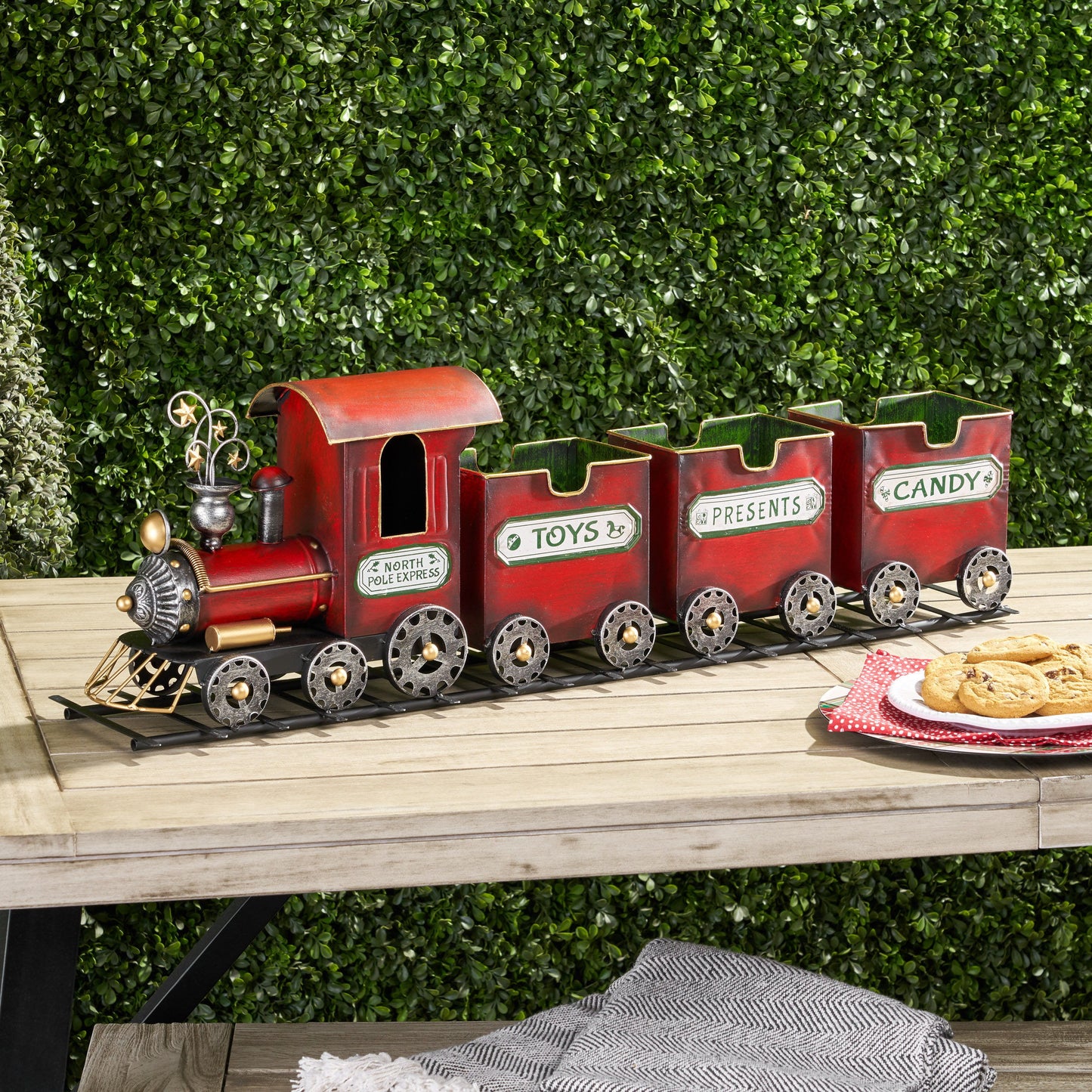 Dark Red Metal Train With Three Cars Decor - Red