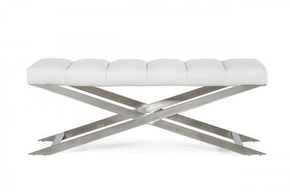 Upholstered Faux Leather Dining Bench - White / Silver