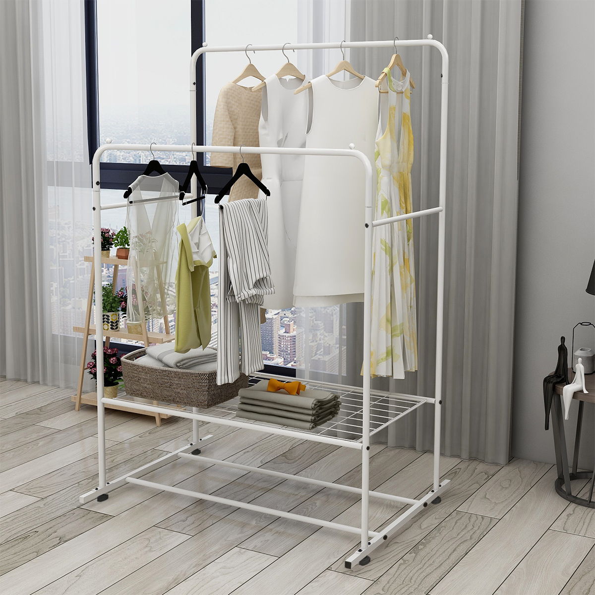 Garment Rack Freestanding Hanger Double Rods Multi-Functional Bedroom Clothing Rack White