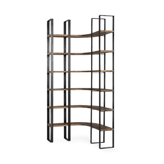 Curved Wood Iron 6 Shelving Unit - Dark Brown / Black