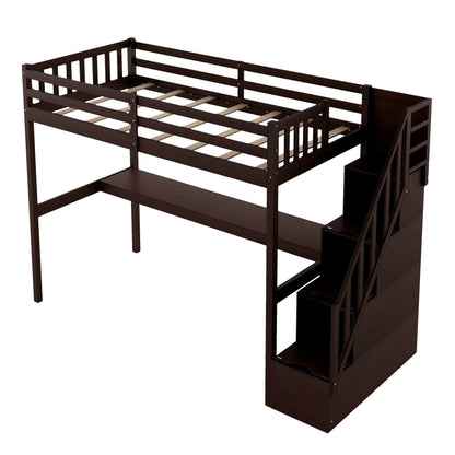 Twin Size Loft Bed with Built In Desk and Stairway - Espresso