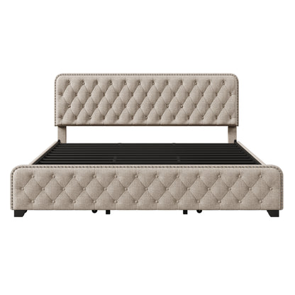 Upholstered Platform Bed Frame with Four Drawers, Button Tufted Headboard and Footboard Sturdy Metal Support, No Box Spring Required, Beige, King (Old sku:BS300277AAA)