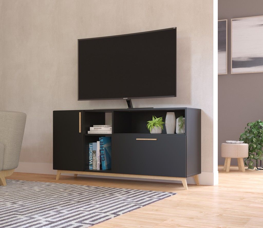 Modern Asymmetrical TV Stand - Black / Natural