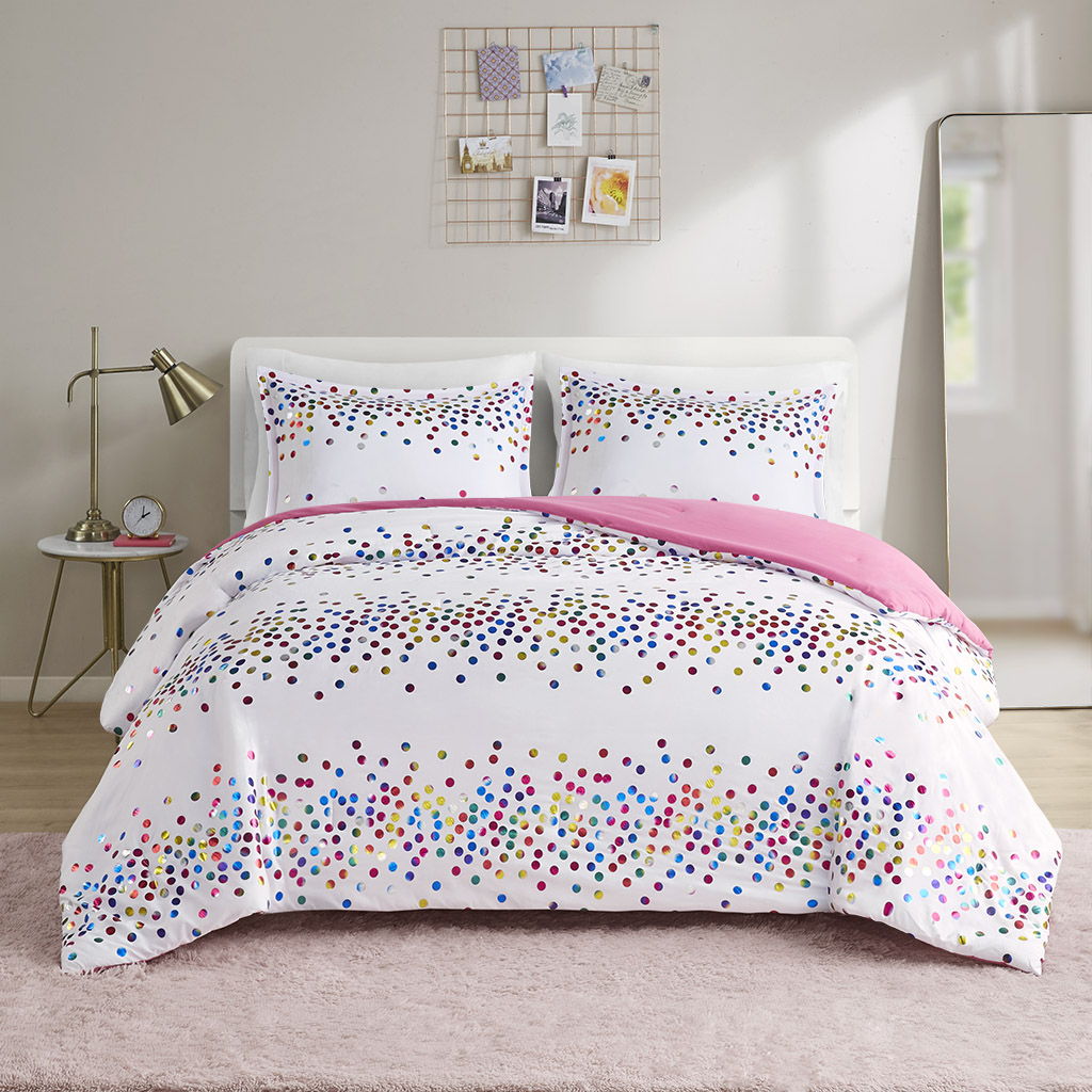 Rainbow Iridescent Metallic Dot Comforter Set - White