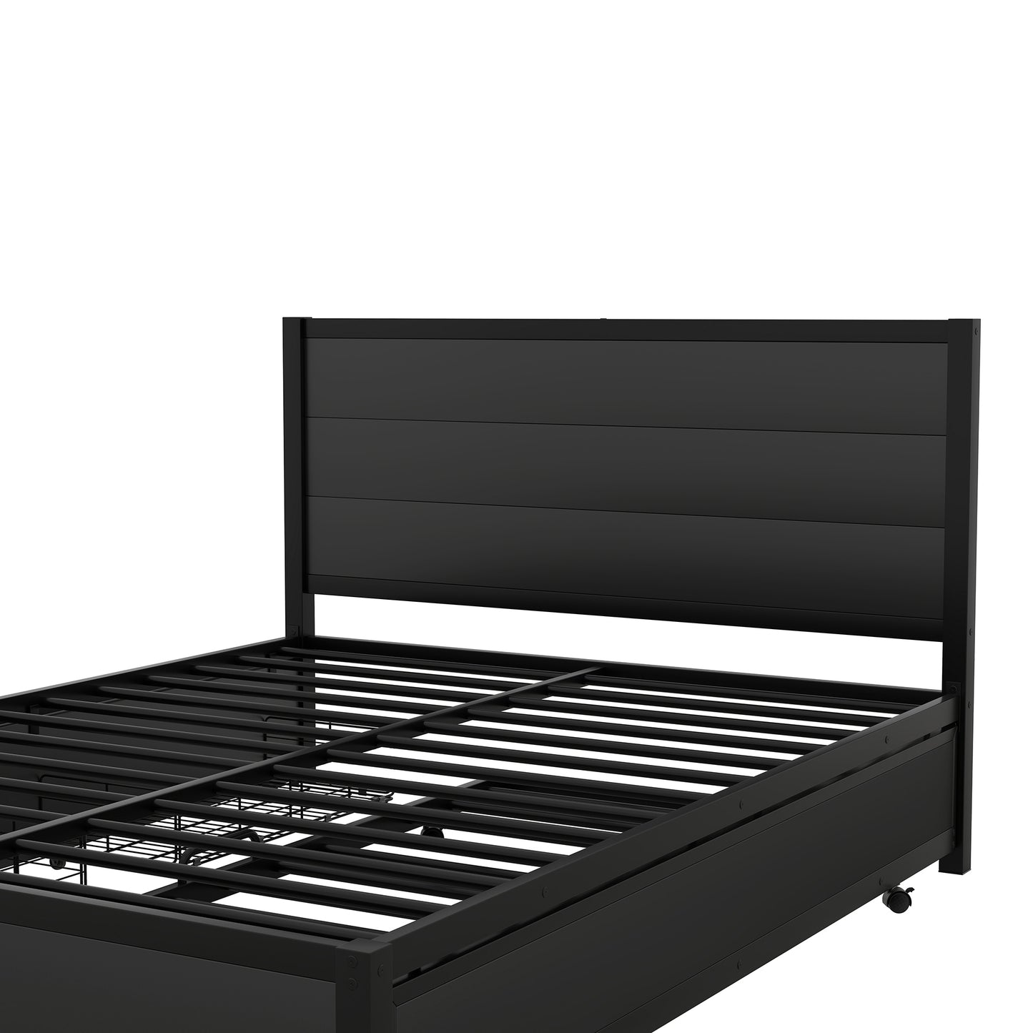 Metal Queen Size Storage Platform Bed with Twin Size Trundle and 2 Drawers, Black