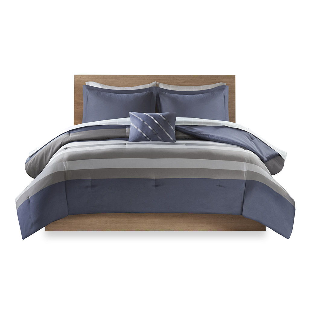 Striped Comforter Set With Bed Sheets, Blue / Grey