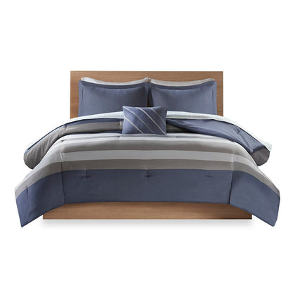 Striped Comforter Set With Bed Sheets - Blue Grey