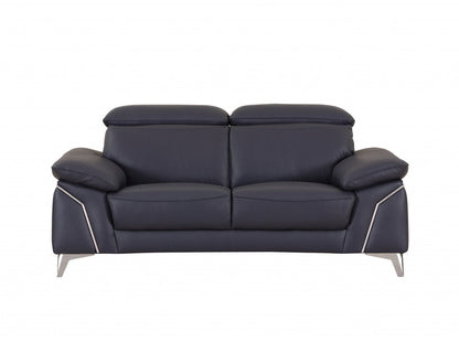 Genuine Leather Love Seat - Navy Blue / Silver