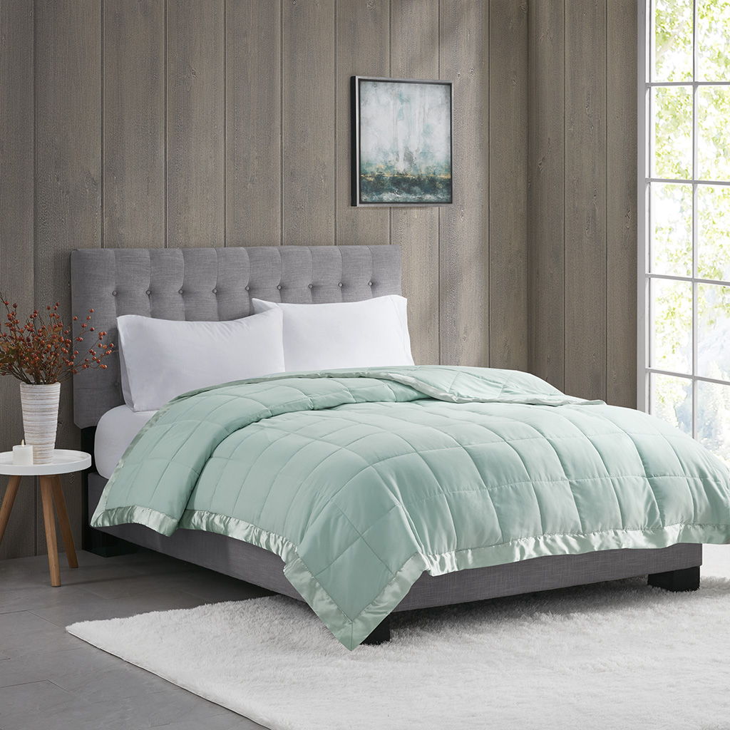 Lightweight Down Alternative Blanket With Satin Trim In Seafoam