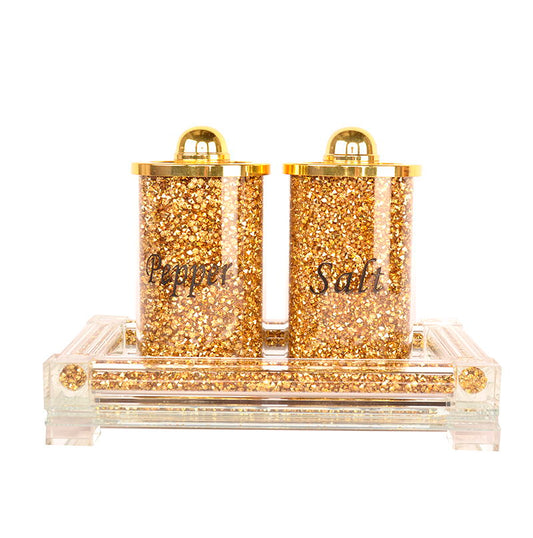 Ambrose Exquisite Salt & Pepper Canisters With Tray In Crushed Diamond Glass In Gift Box - Gold