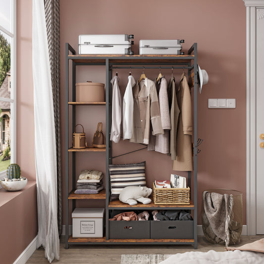 Jhx - Organized Garment Rack With Storage With Open Shelves And Hanging Rod - Rustic Brown