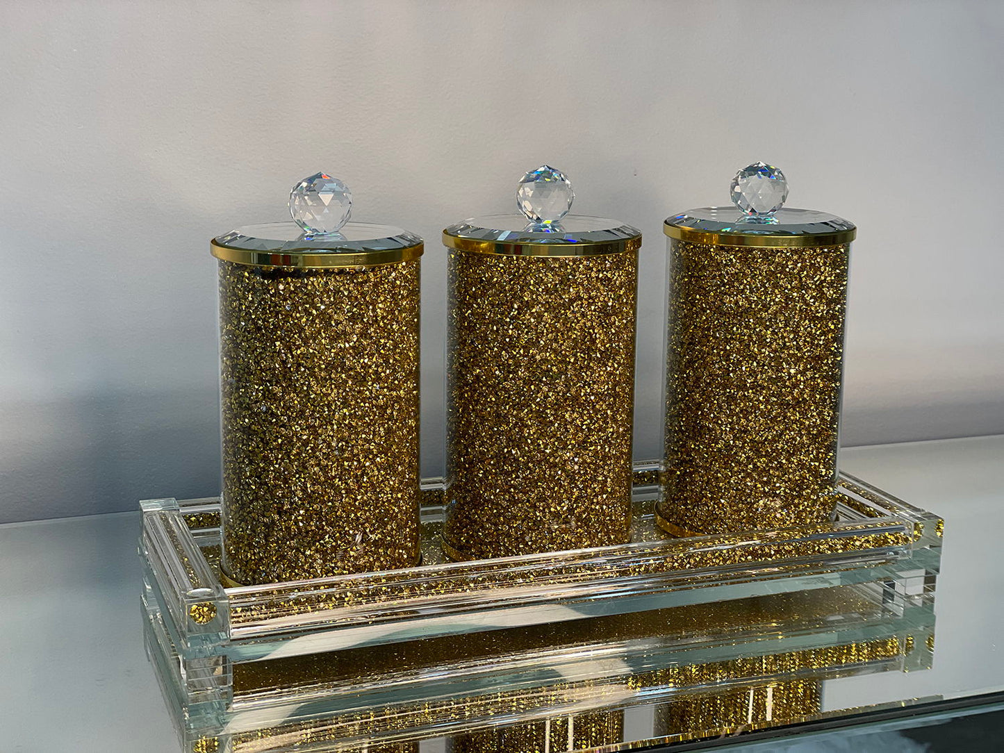 Ambrose Exquisite Three Glass Canister With Tray In Gift Box - Gold