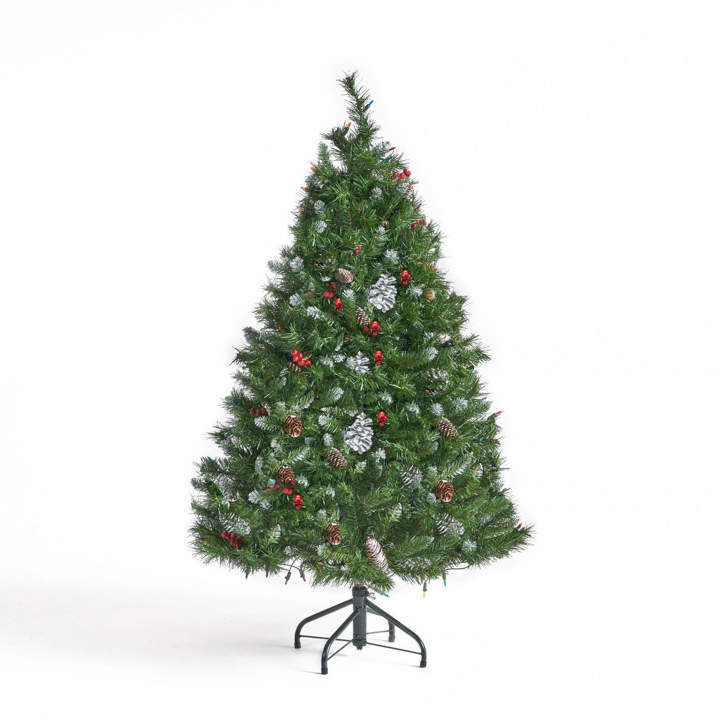 4.5' Mixed Frosted Hinged Tree With 28 Frosted Pine Cones And 14 Red Berry And 200 Multi Lights - Ul, Dia:36", 427 Tips