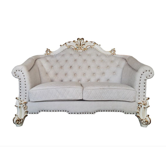 Two Tone Velvet Loveseat And Toss Pillows - Ivory / Pearl