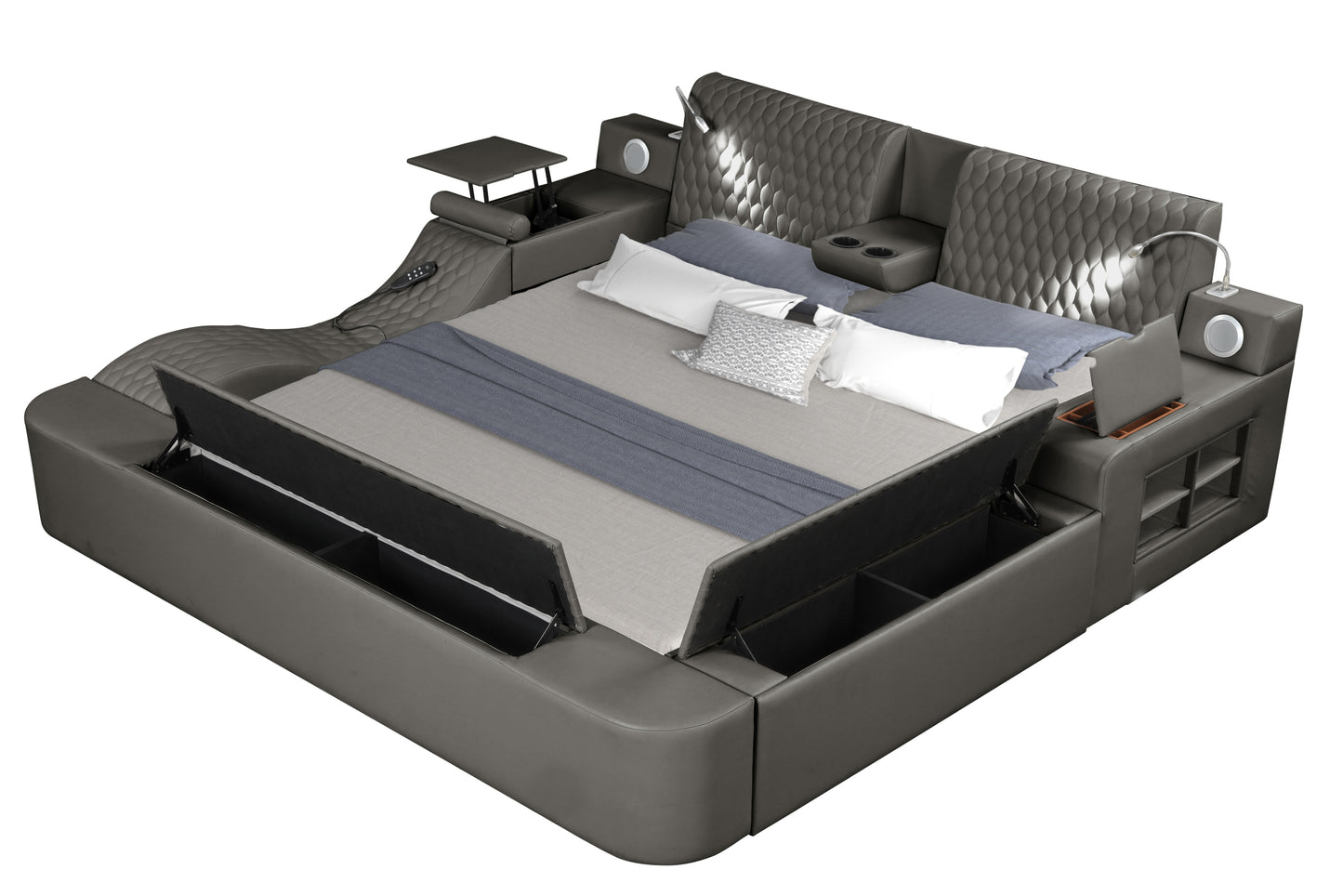 Zoya Smart Multifunctional King Size Bed Made with Wood in Gray