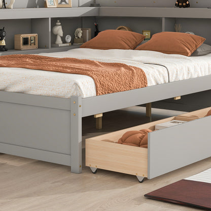 Full Bed with L-shaped Bookcases, Drawers ,Grey