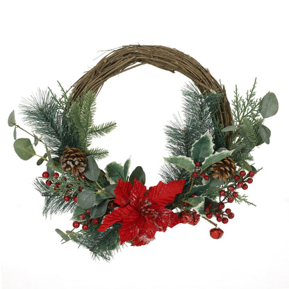 23.5" Poinsettia / Berry / Eucalyptus Half Wreath - Green Leaves