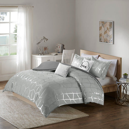 Raina Twin Long Duvet Cover Set Metallic Printed